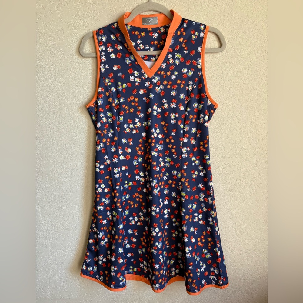 Callaway Women's Opti Dri Sleeveless Golf/Tennis Dress, Navy/Orange Floral, Sz M